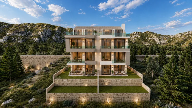 Sea side of the building with terraced private gardens