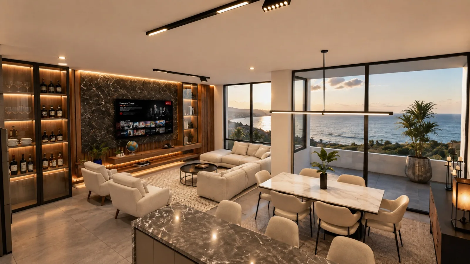 First-floor living and dining at sunset, opening to the balcony and sea