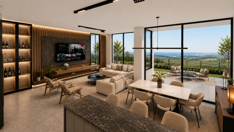 Living and dining room opening to the garden terrace