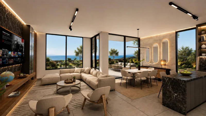 Open-plan living room with garden and sea view