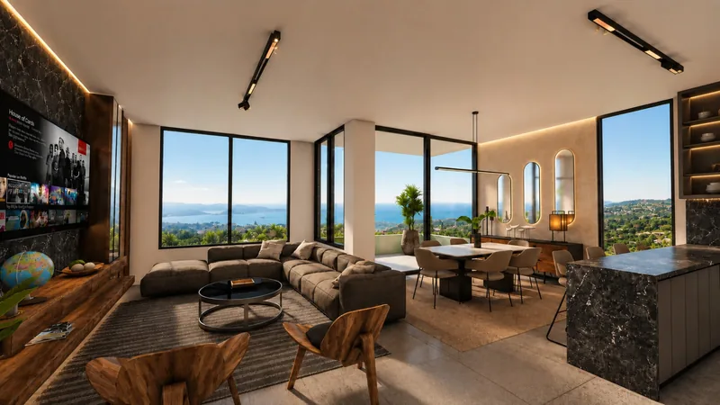 Living room with corner windows and coastal view