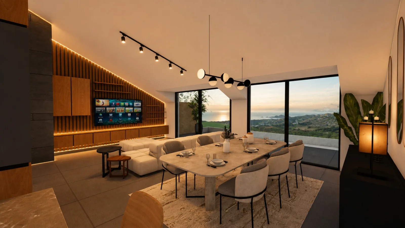 Roof residence living and dining room at sunset, with sea views